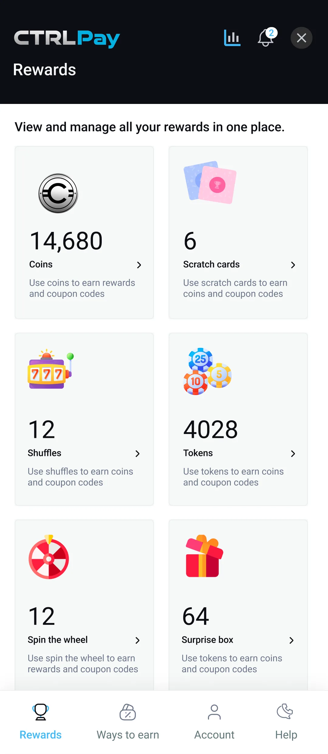 CTRL Pay Rewards Screen